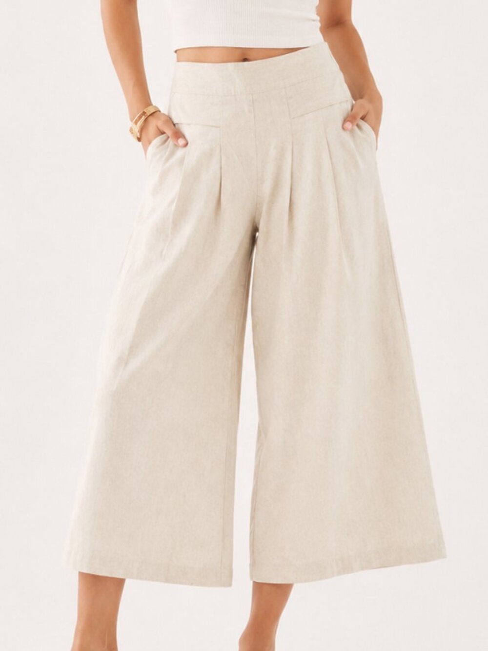 NWOT MUMIANXIU Linen Wide Leg Palazzo Cropped Ivory Pants M